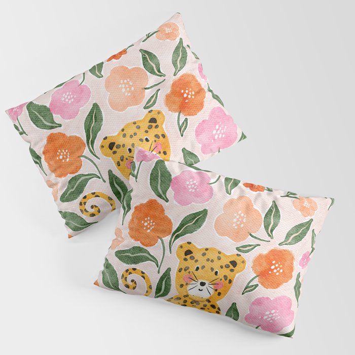 Adorable Floral Cheetah: Charming Watercolor Illustration Pillow Sham Gallery Image 3