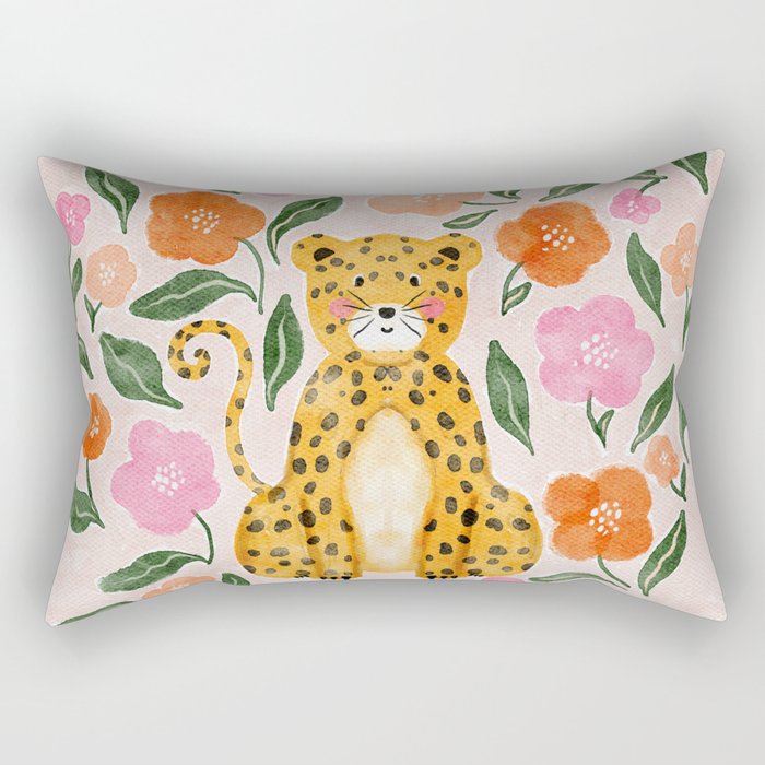 Adorable Floral Cheetah: Charming Watercolor Illustration Rectangular Pillow Gallery Image 2