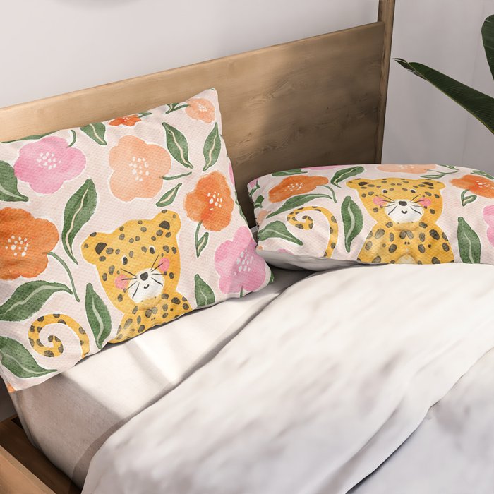 Adorable Floral Cheetah: Charming Watercolor Illustration Pillow Sham Gallery Image 2
