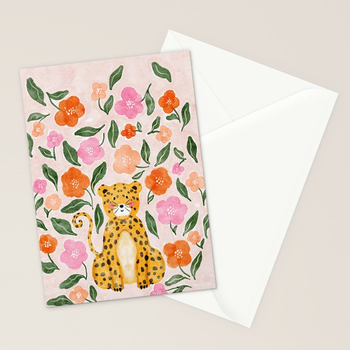Adorable Floral Cheetah: Charming Watercolor Illustration Stationery Card Gallery Image 2