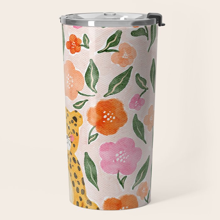 Adorable Floral Cheetah: Charming Watercolor Illustration Travel Mug Gallery Image 2