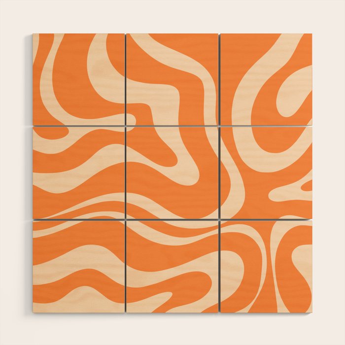 Retro Orange Modern Liquid Swirl Abstract Pattern Square Wood Wall Art Gallery Image 1