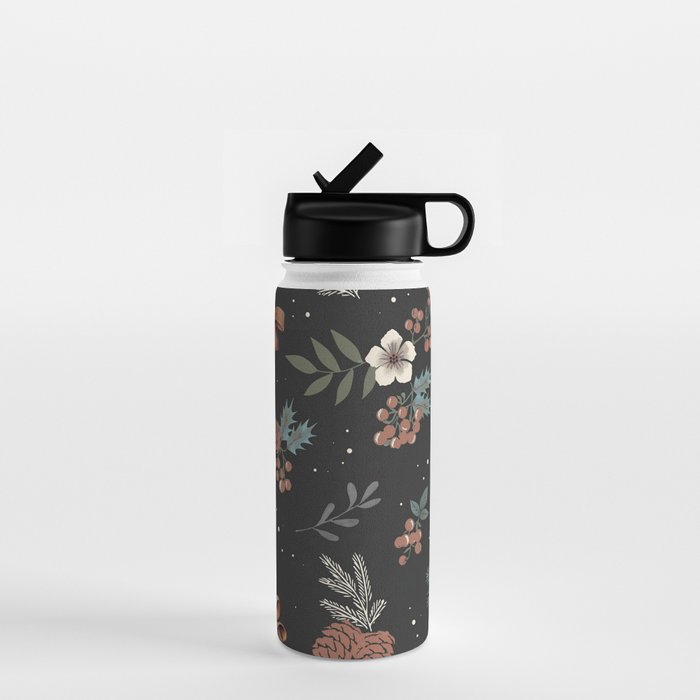 Vintage Winter Foliage with Berries, Pinecones and Ribbons on Black Water Bottle Gallery Image 1