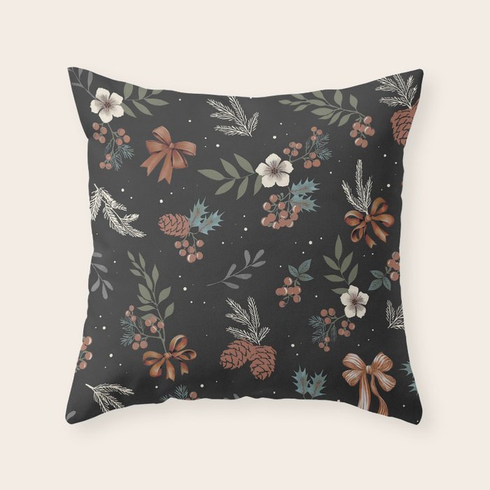 Vintage Winter Foliage with Berries, Pinecones and Ribbons on Black Throw Pillow Gallery Image 6