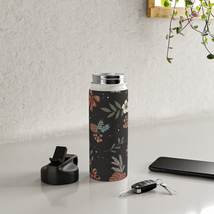 Vintage Winter Foliage with Berries, Pinecones and Ribbons on Black Water Bottle Gallery Image 4