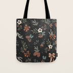 Vintage Winter Foliage with Berries, Pinecones and Ribbons on Black Tote Bag Gallery Image 1