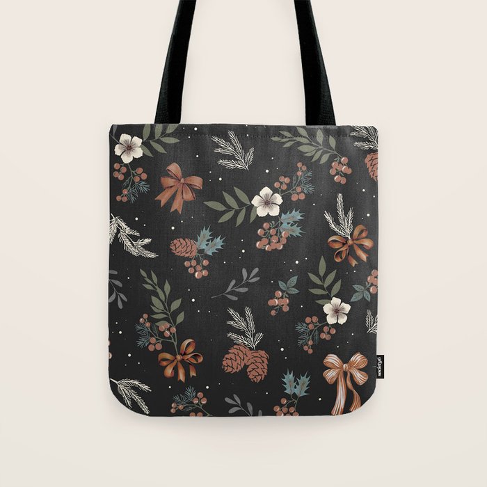 Vintage Winter Foliage with Berries, Pinecones and Ribbons on Black Tote Bag Gallery Image 1