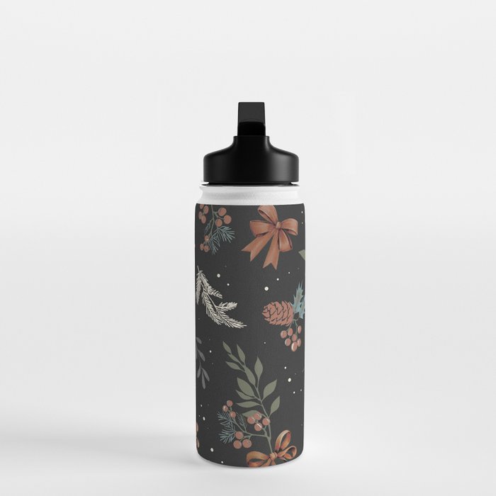 Vintage Winter Foliage with Berries, Pinecones and Ribbons on Black Water Bottle Gallery Image 3
