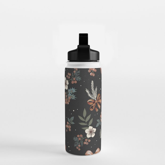 Vintage Winter Foliage with Berries, Pinecones and Ribbons on Black Water Bottle Gallery Image 2