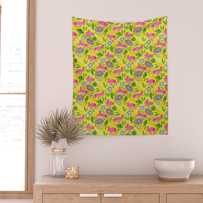 Cute Colorful Rabbits & Decorative Eggs in Yellow & Pink Wall Tapestry Gallery Image 2