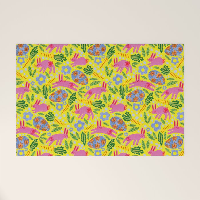 Cute Colorful Rabbits & Decorative Eggs in Yellow & Pink Welcome Mat Gallery Image 1