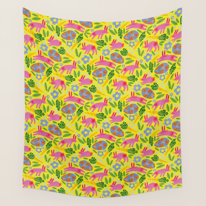 Cute Colorful Rabbits & Decorative Eggs in Yellow & Pink Wall Tapestry Gallery Image 4