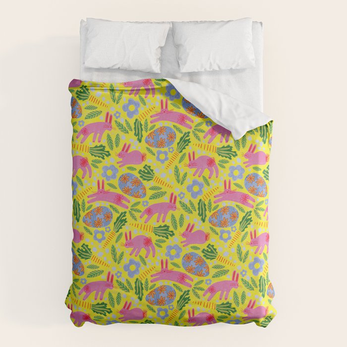 Cute Colorful Rabbits & Decorative Eggs in Yellow & Pink Duvet Cover Gallery Image 6