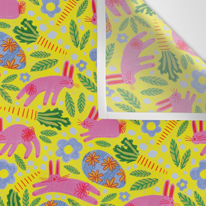 Cute Colorful Rabbits & Decorative Eggs in Yellow & Pink Wall Tapestry Gallery Image 3