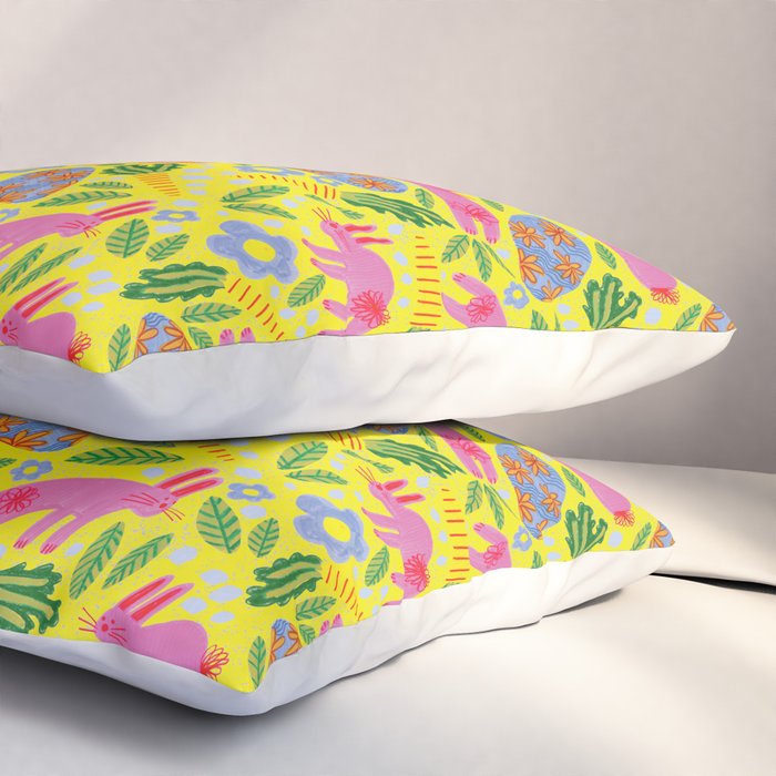 Cute Colorful Rabbits & Decorative Eggs in Yellow & Pink Pillow Sham Gallery Image 3