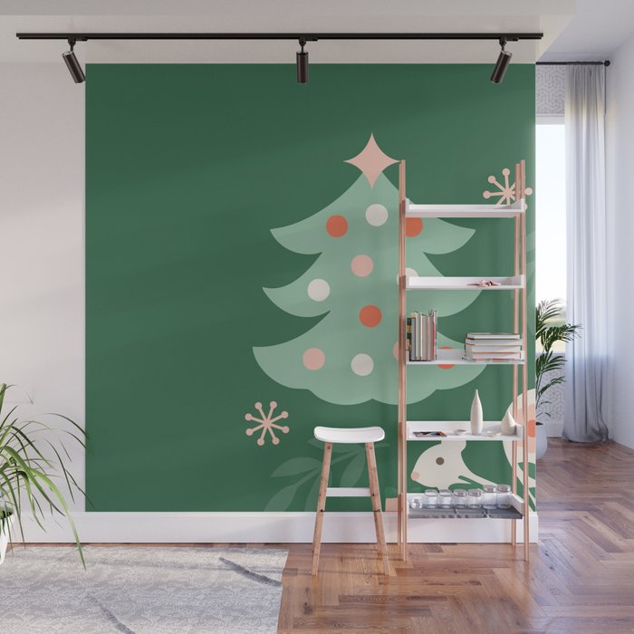 Festive Folk Art Forest Animals - Green and Red Wall Mural Gallery Image 1