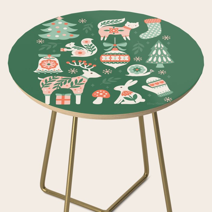 Festive Folk Art Forest Animals - Green and Red Side Table Gallery Image 2