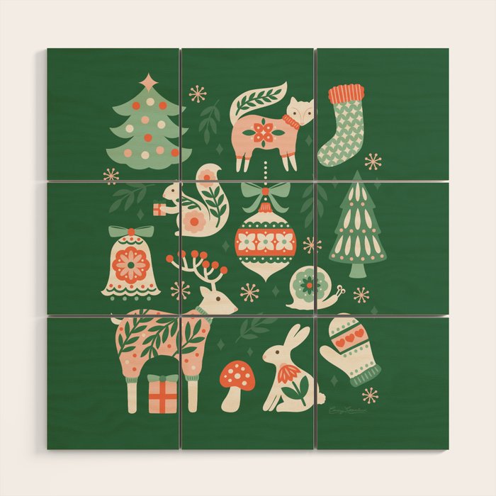 Festive Folk Art Forest Animals - Green and Red Wood Wall Art Gallery Image 1