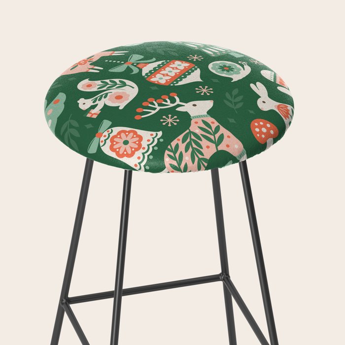 Festive Folk Art Forest Animals - Green and Red Stool Gallery Image 2