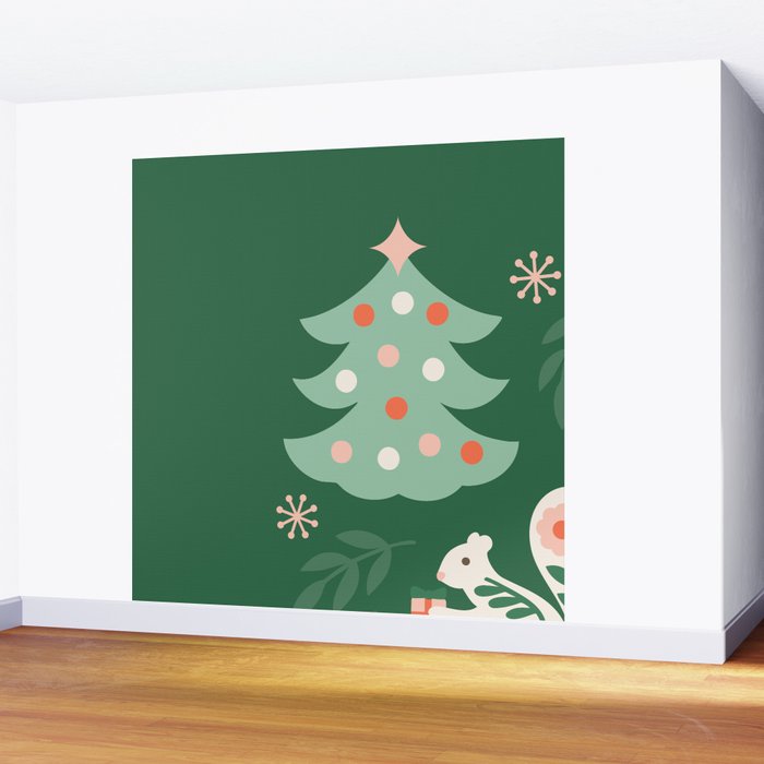 Festive Folk Art Forest Animals - Green and Red Wall Mural Gallery Image 2
