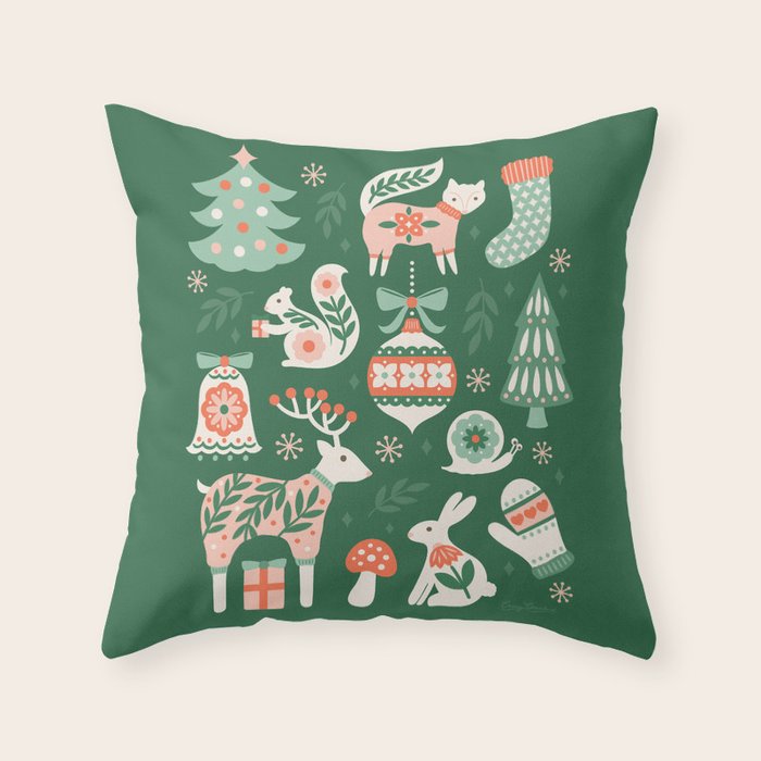 Festive Folk Art Forest Animals - Green and Red Throw Pillow Gallery Image 6