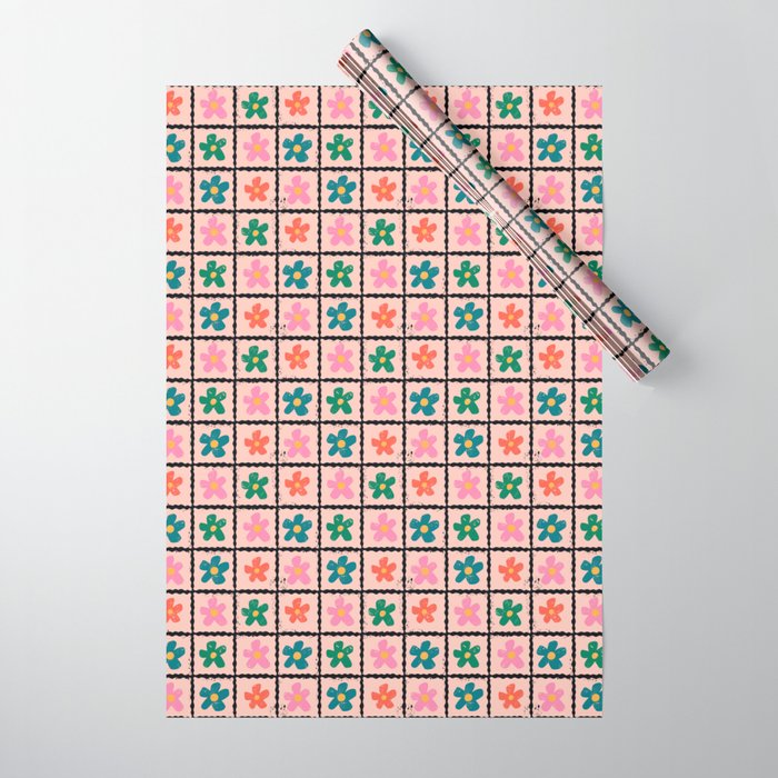 Retro Daisy Checkered Flowers Wrapping Paper Gallery Image 1