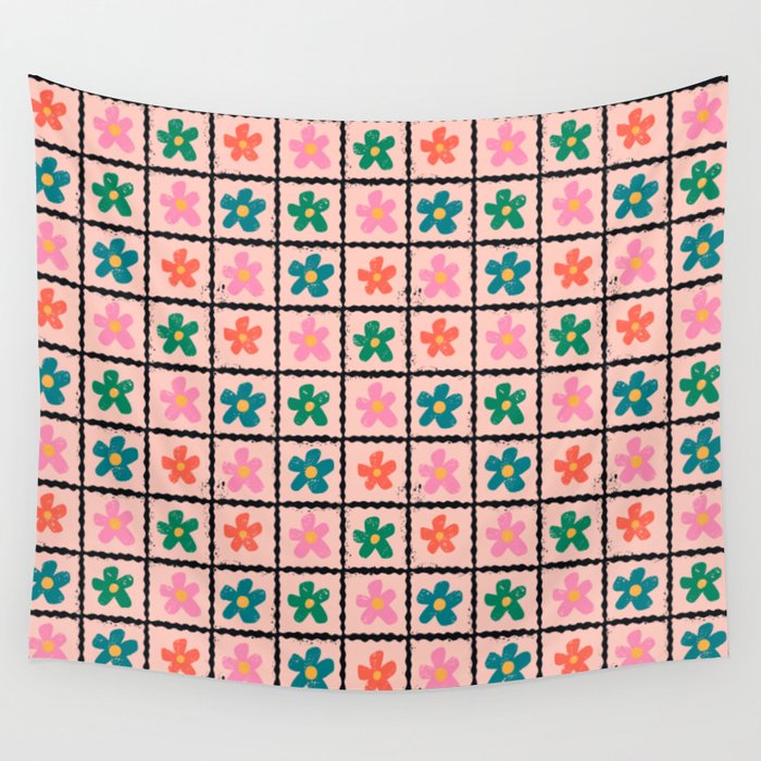Retro Daisy Checkered Flowers Wall Tapestry Gallery Image 4