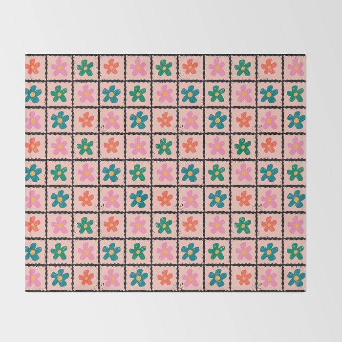 Retro Daisy Checkered Flowers Throw Blanket Gallery Image 2