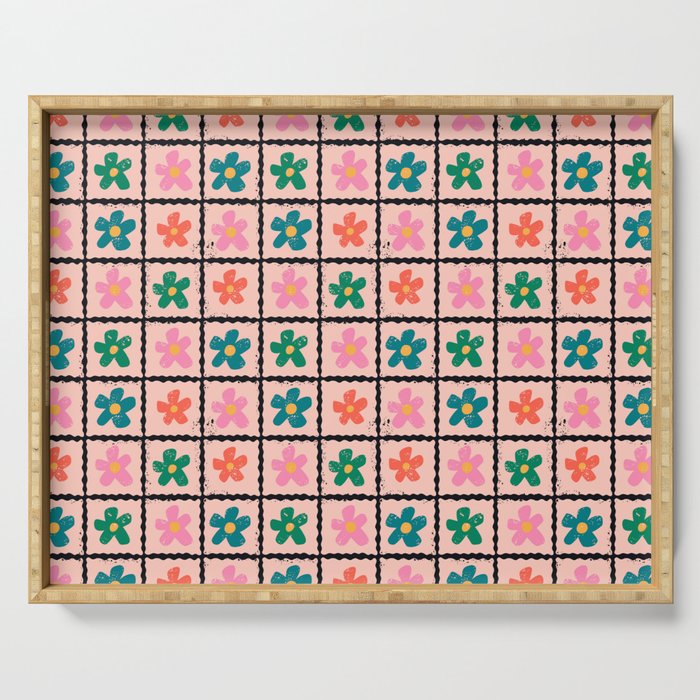 Retro Daisy Checkered Flowers Serving Tray Gallery Image 1
