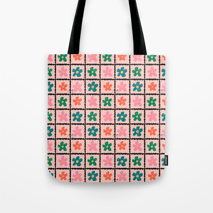 Retro Daisy Checkered Flowers Tote Bag Gallery Image 1
