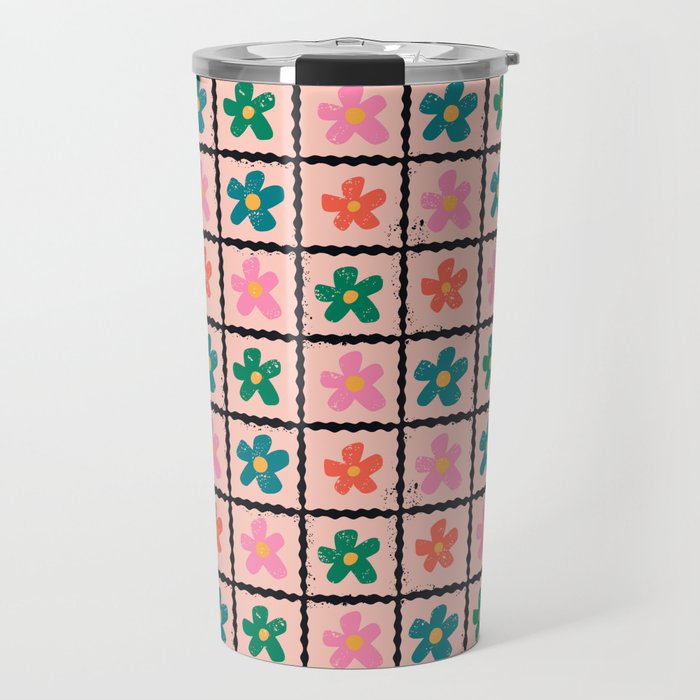 Retro Daisy Checkered Flowers Travel Mug Gallery Image 1