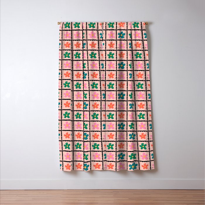 Retro Daisy Checkered Flowers Window Curtain Gallery Image 3