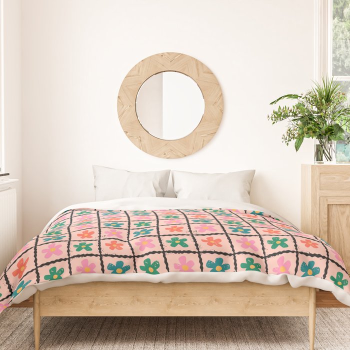 Retro Daisy Checkered Flowers Duvet Cover Gallery Image 3