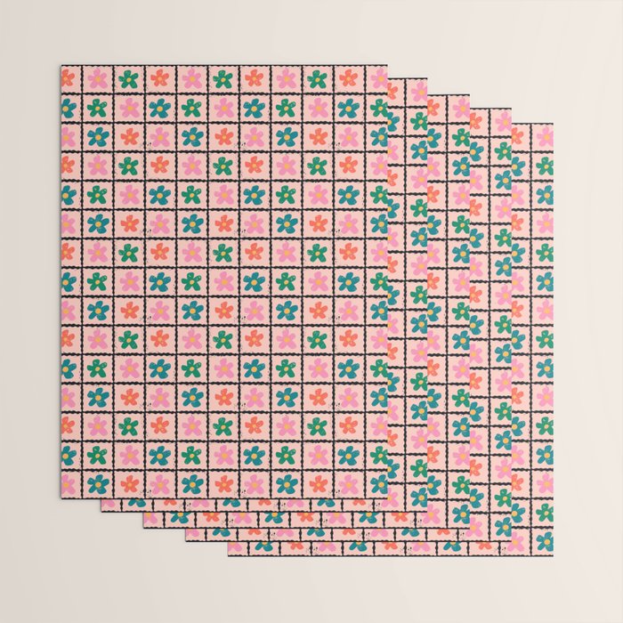 Retro Daisy Checkered Flowers Wrapping Paper Gallery Image 3