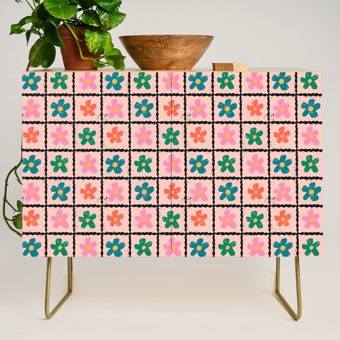 Retro Daisy Checkered Flowers Credenza Gallery Image 1