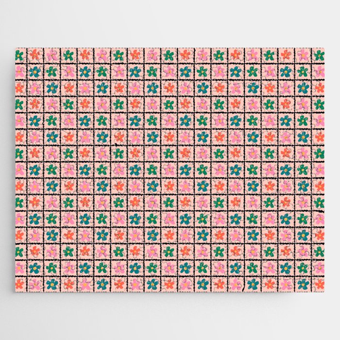 Retro Daisy Checkered Flowers Jigsaw Puzzle Gallery Image 1