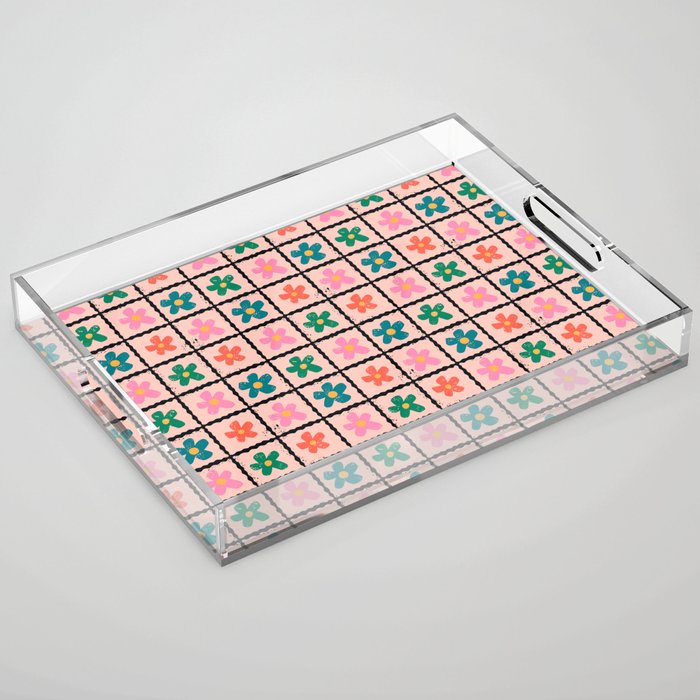 Retro Daisy Checkered Flowers Acrylic Tray Gallery Image 1