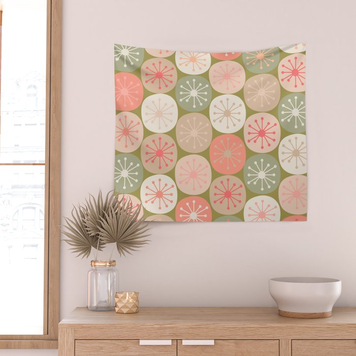Mid Century Modern Atomic Retro Dots Pattern in Vintage Olive Green and Blush Pink Wall Tapestry Gallery Image 2