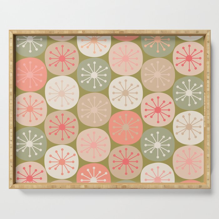 Mid Century Modern Atomic Retro Dots Pattern in Vintage Olive Green and Blush Pink Serving Tray Gallery Image 1