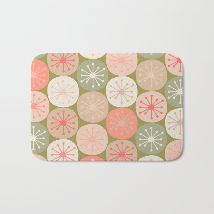 Mid Century Modern Atomic Retro Dots Pattern in Vintage Olive Green and Blush Pink Bath Mat Gallery Image 1