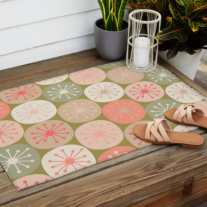 Mid Century Modern Atomic Retro Dots Pattern in Vintage Olive Green and Blush Pink Outdoor Rug Gallery Image 2