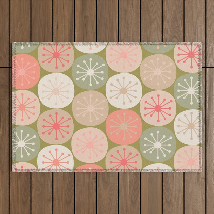Mid Century Modern Atomic Retro Dots Pattern in Vintage Olive Green and Blush Pink Outdoor Rug Gallery Image 1