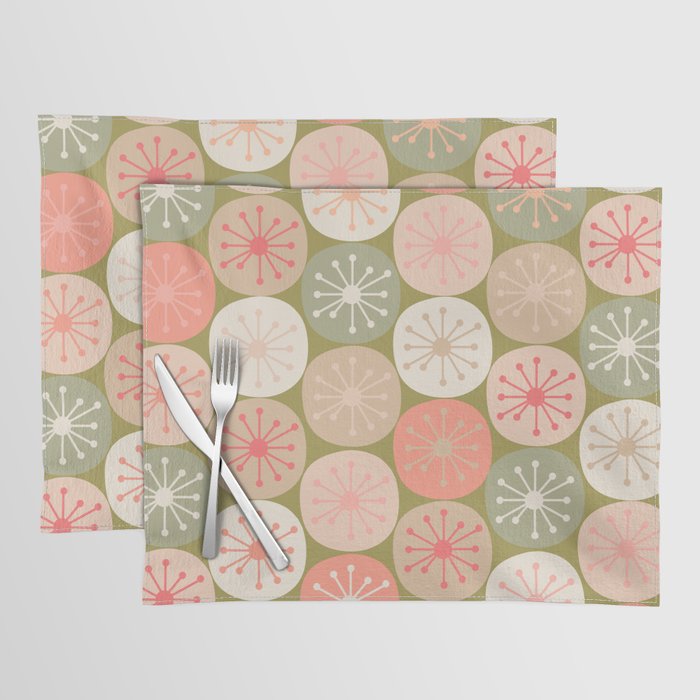 Mid Century Modern Atomic Retro Dots Pattern in Vintage Olive Green and Blush Pink Placemat Gallery Image 1