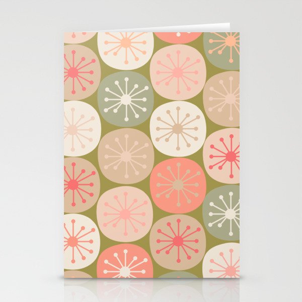 Mid Century Modern Atomic Retro Dots Pattern in Vintage Olive Green and Blush Pink Stationery Card Gallery Image 2