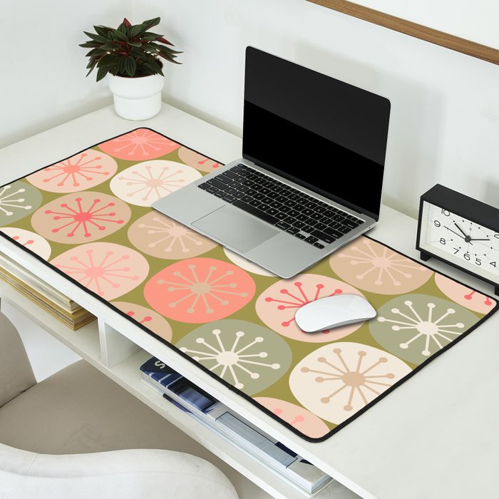 Mid Century Modern Atomic Retro Dots Pattern in Vintage Olive Green and Blush Pink Desk Mat Gallery Image 2