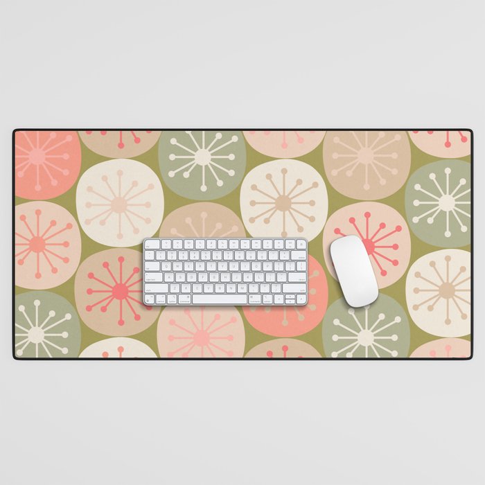 Mid Century Modern Atomic Retro Dots Pattern in Vintage Olive Green and Blush Pink Desk Mat Gallery Image 1