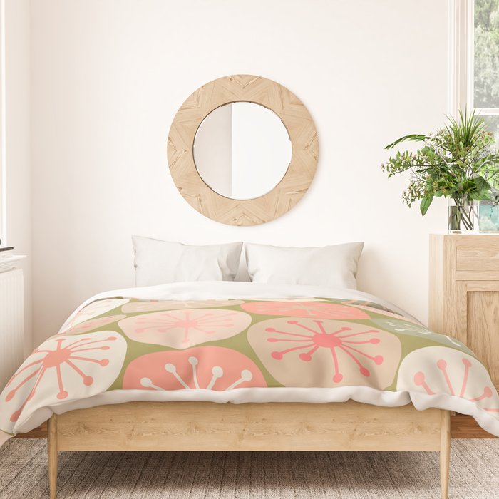 Mid Century Modern Atomic Retro Dots Pattern in Vintage Olive Green and Blush Pink Duvet Cover Gallery Image 3