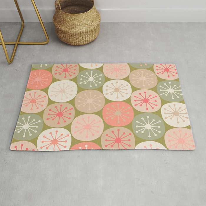 Mid Century Modern Atomic Retro Dots Pattern in Vintage Olive Green and Blush Pink Rug Gallery Image 1