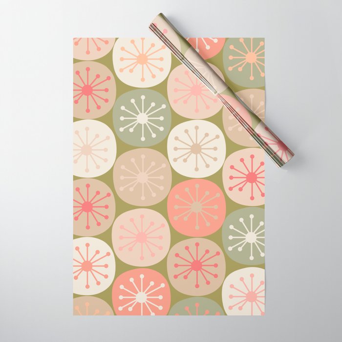 Mid Century Modern Atomic Retro Dots Pattern in Vintage Olive Green and Blush Pink Wrapping Paper Gallery Image 1