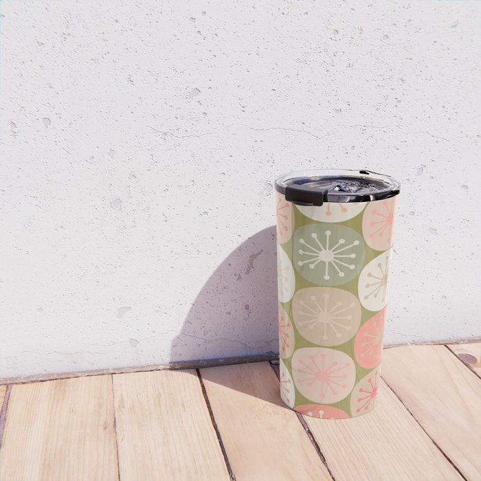 Mid Century Modern Atomic Retro Dots Pattern in Vintage Olive Green and Blush Pink Travel Mug Gallery Image 4